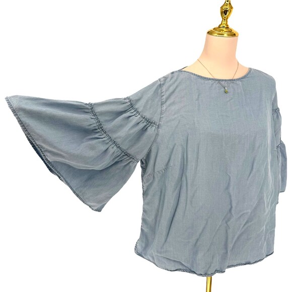 J. Jill Denim Blue Chambray Tiered Ruffle Bell Sleeve Blouse Top XLP Beachy READ - Picture 7 of 16
